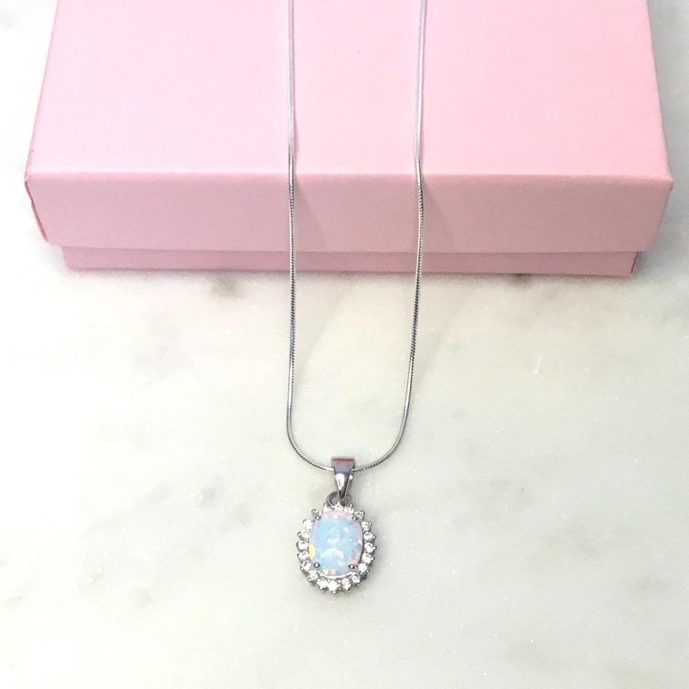 Sterling Silver Lab Created Opal and Cz Necklace - Picture 2 of 16